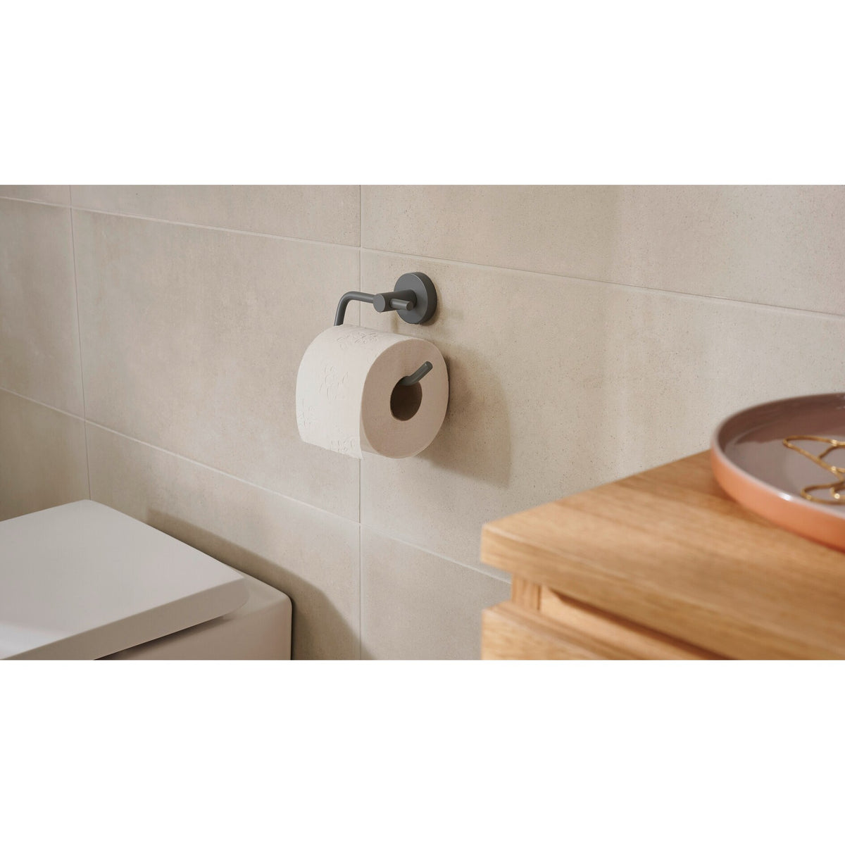 tesa MOON GREY Toilet Paper Holder, Matte Gray, Includes Adhesive Solution – Instructions for Use