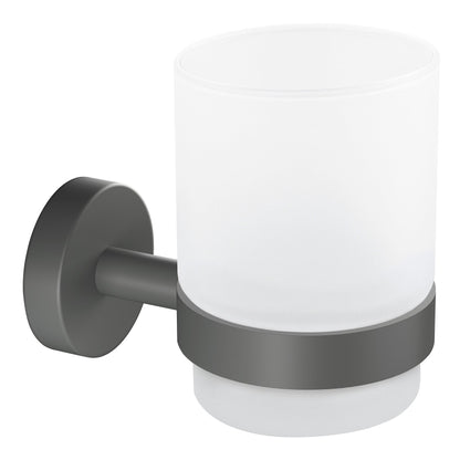 tesa MOON GREY Toothbrush Cup Holder, Matte Black, Frosted Glass, for the Bathroom and Toilet