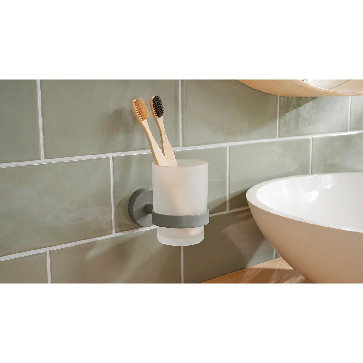 tesa MOON GREY Toothbrush Cup Holder, Matte Black, Frosted Glass, for the Bathroom and Toilet – Usage