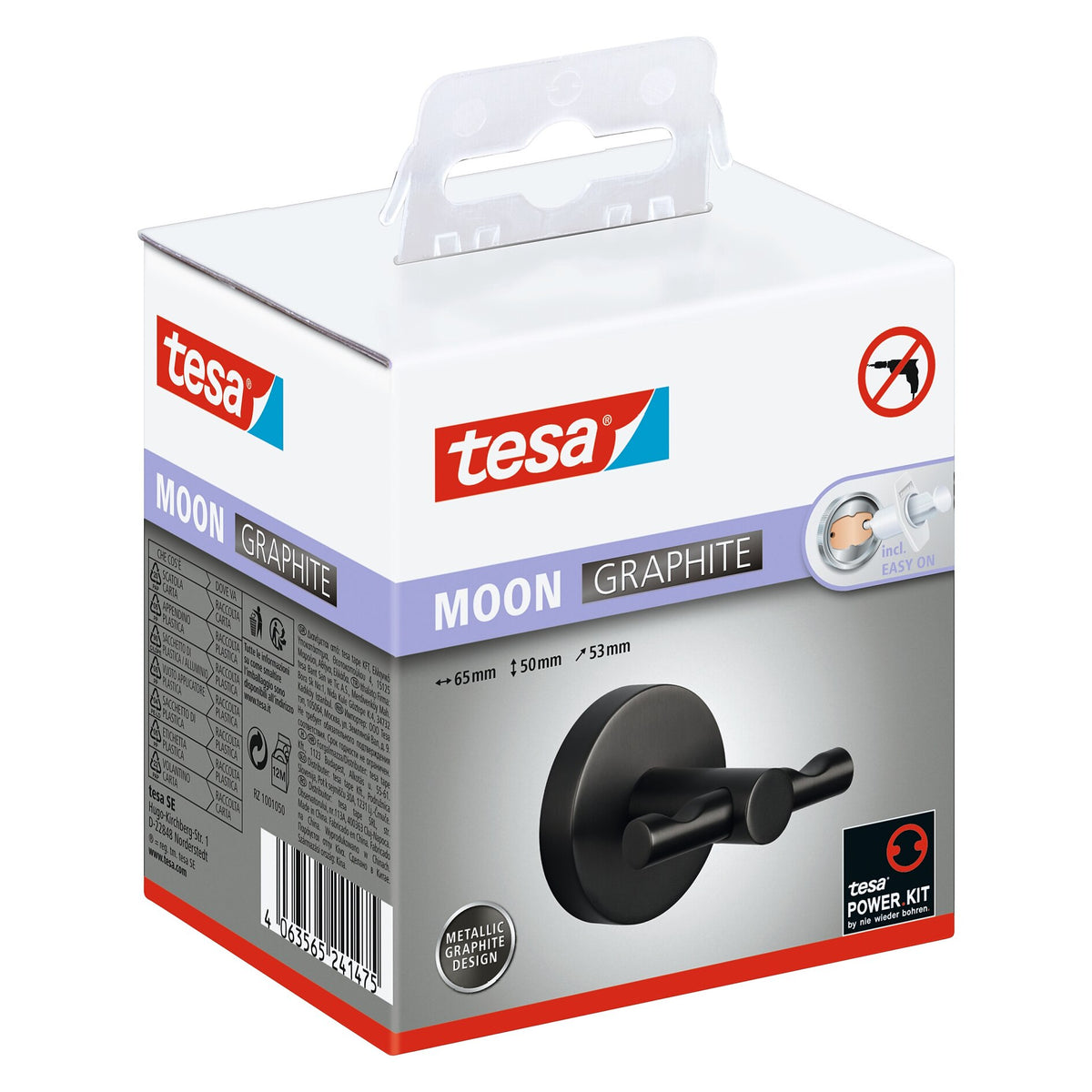 tesa MOON Graphite Bathrobe Hook, Self-Adhesive, Metal with PVD Coating
