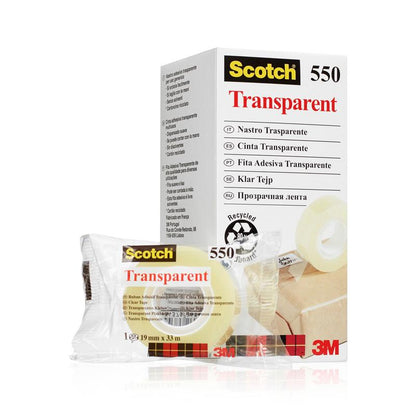 Pictured are a cardboard box and a roll of Scotch® Transparent Tape 550 from 3M Deutschland GmbH wrapped in plastic. The box features the product name in multiple languages, an image of the tape, and the 3M logo in the bottom right corner.