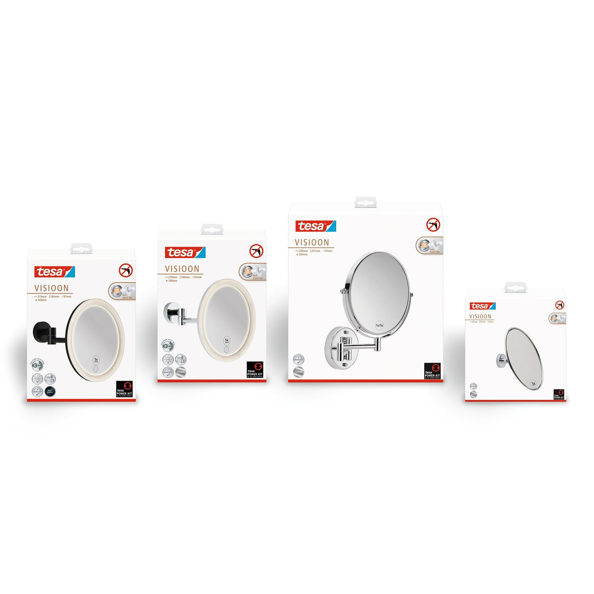 tesa VISIOON Cosmetic Mirror with Double-Swivel Arm, Self-Adhesive, Chrome-Plated Brass and Chrome-Plated – Product Line