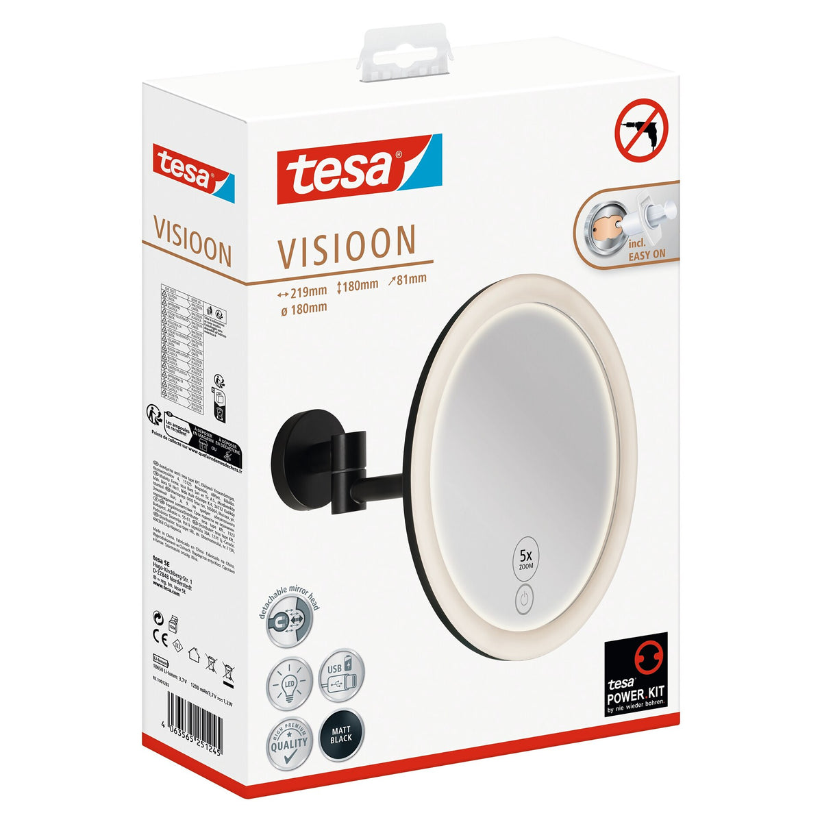 tesa VISIOON LED Cosmetic Mirror with Swivel Arm, self-adhesive, matte black powder-coated metal, matte black plastic