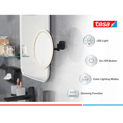tesa VISIOON LED Cosmetic Mirror with Swivel Arm, Self-Adhesive, Matte Black Powder-Coated Metal, Matte Black Plastic – Product Features
