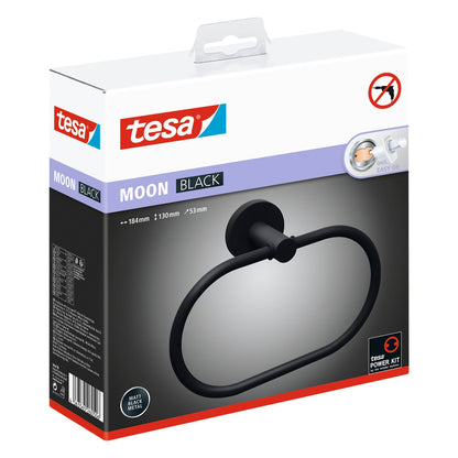 tesa MOON BLACK Towel Ring, self-adhesive, black with black powder coating