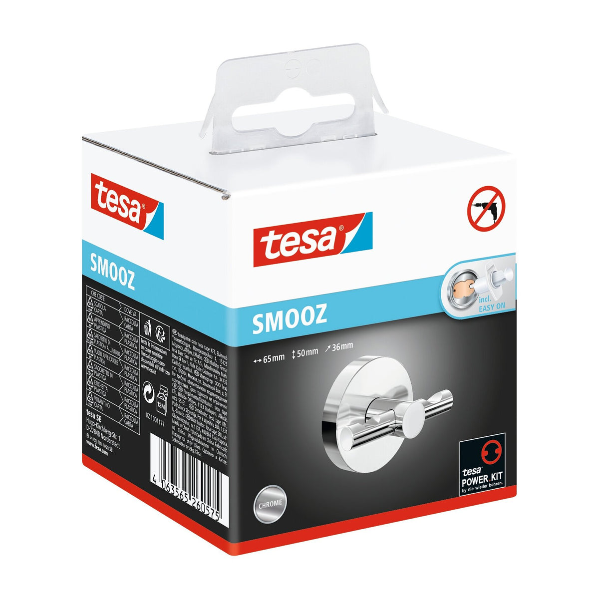 tesa SMOOZ Double Bathrobe Hook, self-adhesive, chrome-plated metal