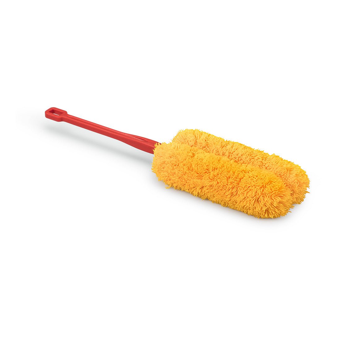 A yellow Nölle Profi fork mop with a long handle, 44 cm (cotton/acrylic) from Nölle Profi Brush Bürsten- & Pinseltechnik e.K. lies on a white background - ideal for professional cleaning.