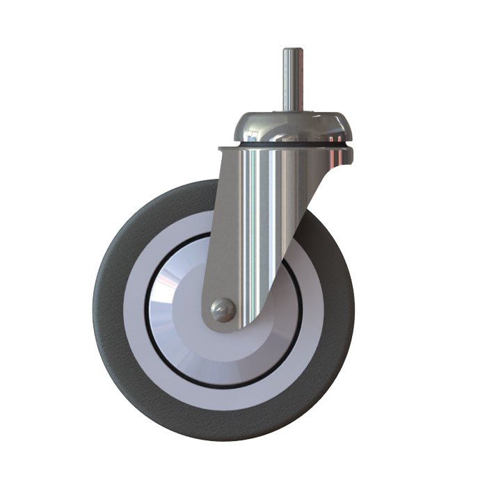 Das TASKI Trolley Rad - Standard (125mm, 1 Stück) von Diversey Deutschland GmbH & Co. OHG ist eine schwenkbare Lenkrolle für TASKI Trolley Systeme in der professionellen Reinigung, abgebildet mit einem Metallschaft und grauem Gummireifen auf weißem Hintergrund.