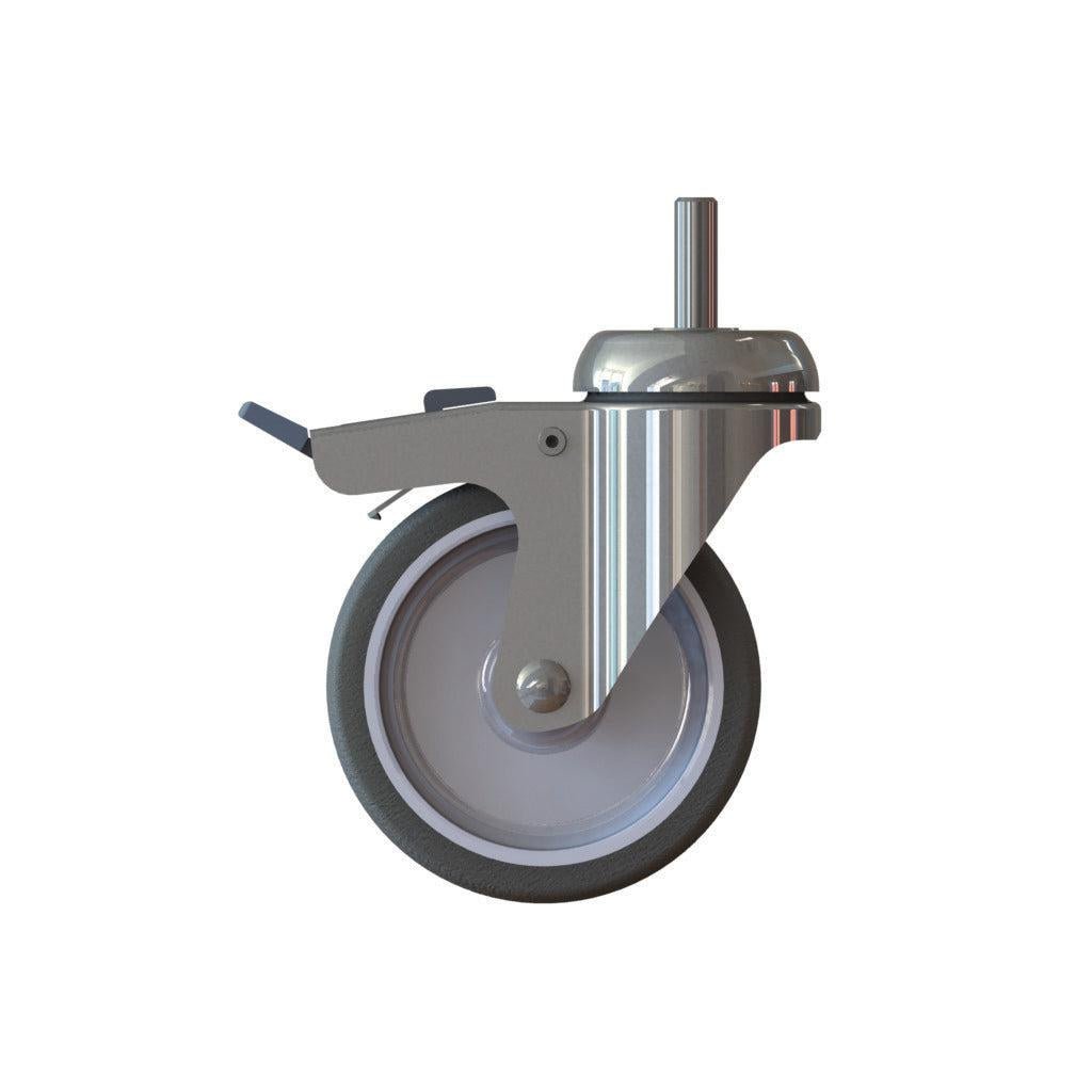 Das TASKI Trolley Rad 100mm mit Bremse von Diversey Deutschland GmbH & Co. OHG ist ein schwenkbares Rad mit Bremse, grauem Reifen, Metallgabel und zentralem Vorbau für TASKI Trolleys; inklusive Metallbremshebel. Wird als einzelne Einheit verkauft.