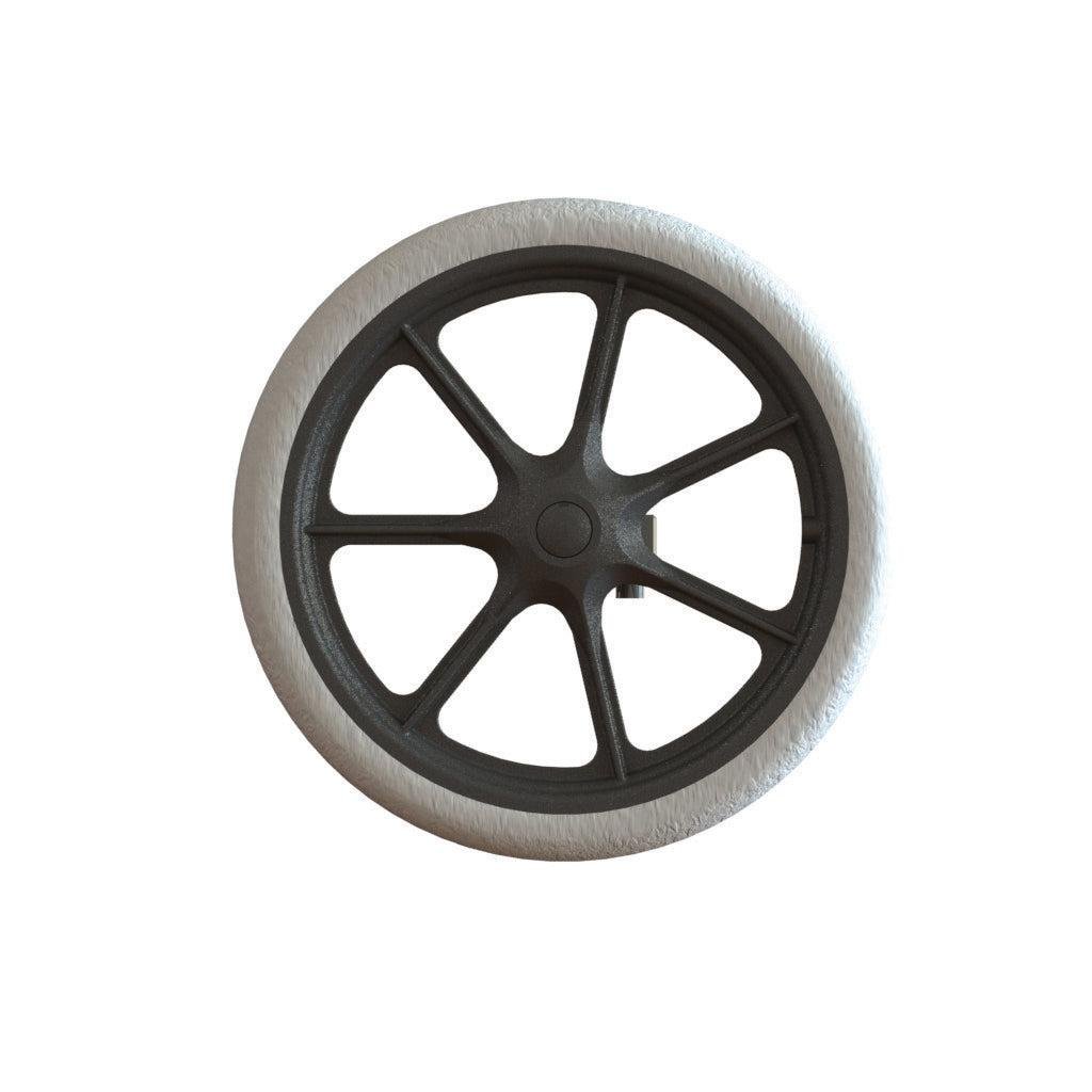 A black, eight-spoke TASKI Trolley Outdoor wheel (370 mm) with a white treaded tire, manufactured by Diversey Deutschland GmbH & Co. OHG, designed for the TASKI Trolley for outdoor use. Shown against a white background; package contains 1 piece.
