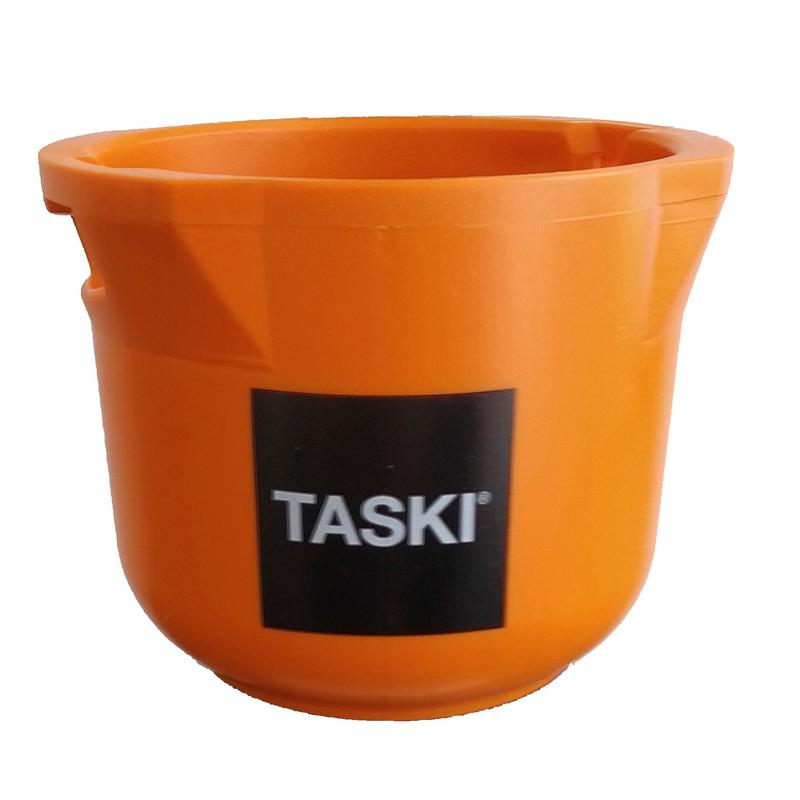 An orange plastic bucket with a black-and-white "TASKI" label, ideal for storing your Diversey VersaPlus 2.0 bottle holder or replacement bottle holder (1 piece) during cleaning, on a white background.