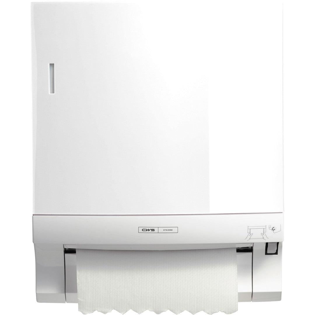 A CWS ParadiseLine roll paper towel dispenser Paperroll (White, 1 piece) is mounted on the wall. A strip of paper hangs out, the narrow viewing window and an icon at the bottom right represent hygienic hand drying.