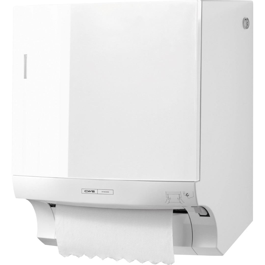 The CWS ParadiseLine roll paper towel dispenser Paperroll including panel White is a white, wall-mounted dispenser with a modern design, viewing window, and paper sheet dispensing at the bottom for hygienic hand drying.