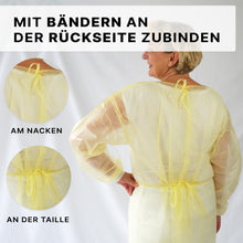 Eine Person wird von hinten gezeigt, die einen ARNOMED Virendichter Einweg Schutzkittel, Gelb (ARNOWA GmbH) trägt, wobei Hals- und Taillenbänder in Nahaufnahmen hervorgehoben sind. Der deutsche Text beschreibt das Verschlusssystem des medizinischen Kittels.