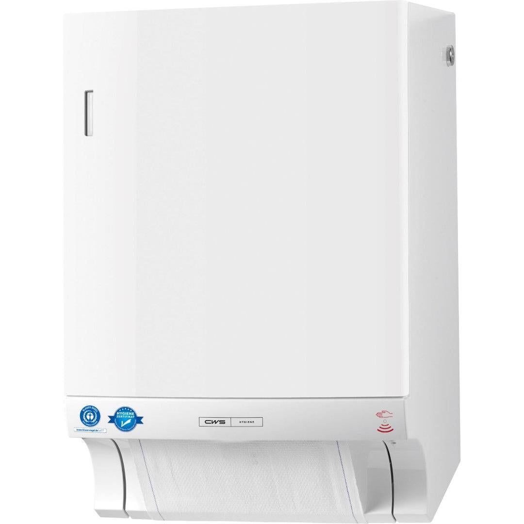 Der CWS ParadiseLine Stoffhandtuchspender Dry Slim Non-Touch (weiß, 1 Stück) ist ein Wandspender für die hygienische Handtuchausgabe mit sichtbarem Aufhängeblech und Zertifizierungsaufkleber auf der linken unteren Frontplatte.