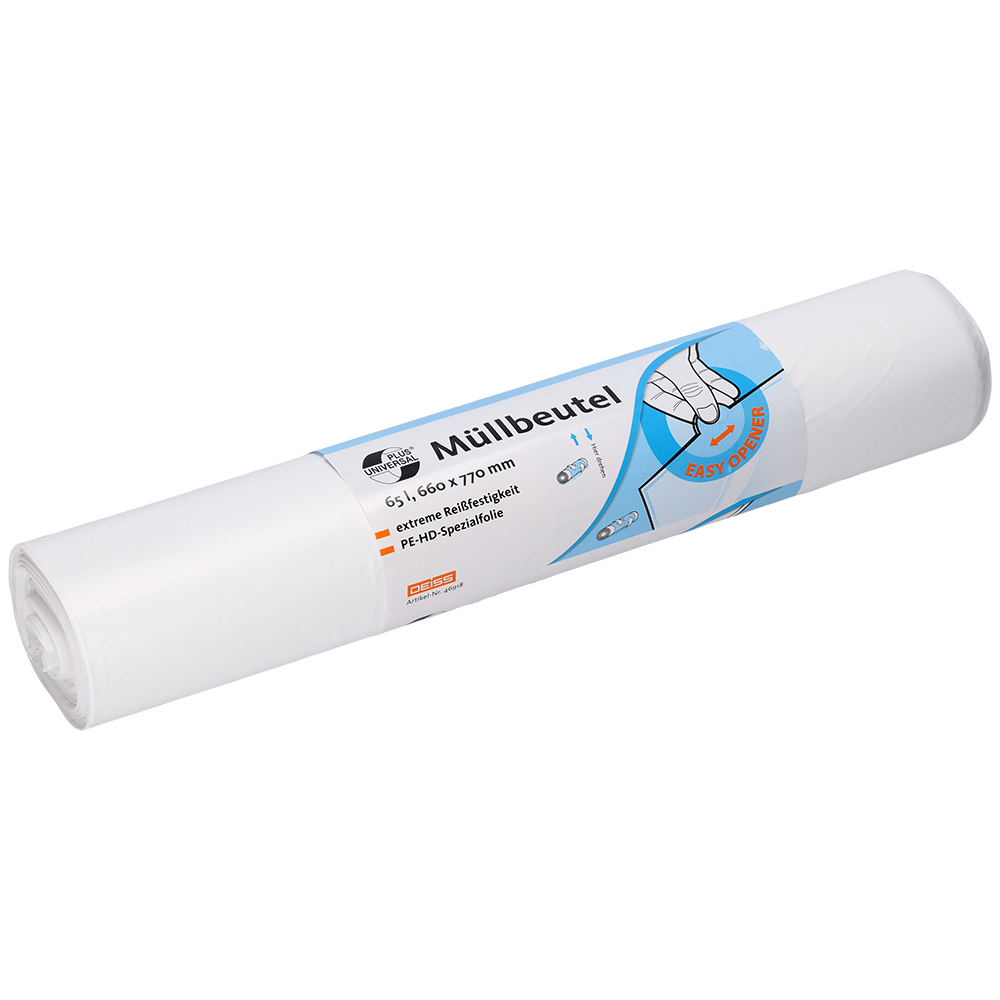 Eine Rolle EMIL DEISS KG (GmbH + Co.) DEISS 46918 Müllsäcke (660x770x0,015 mm, weiß, 50 Stück) verpackt in einem Etikett mit "Müllbeutel", Produktangaben, einer Hand, die einen Beutel hält, und Entsorgungs- oder Lagersymbolen.