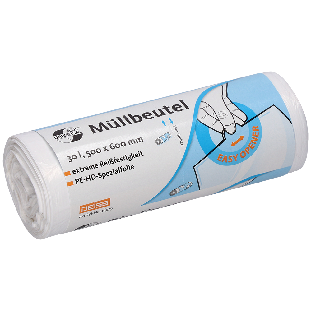 Eine Rolle weißer DEISS Müllbeutel 500x600 mm aus HDPE, 30 Liter, von EMIL DEISS KG (GmbH + Co.) mit deutschem Text, der die Größe und Spezifikationen angibt, mit einer Handillustration, die den "EASY OPENER" hervorhebt und Hinweisen auf reißfeste Müllbeutel.