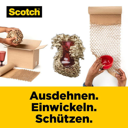 Eine Person verpackt eine rote Vase mit Scotch™ Cushion Lock™ Schutzverpackung, 30,4 cm x 9,14 m von 3M Deutschland GmbH; eine andere verpackt eine Schale. Deutscher Text: "Ausdehnen. Einwickeln. Schützen.