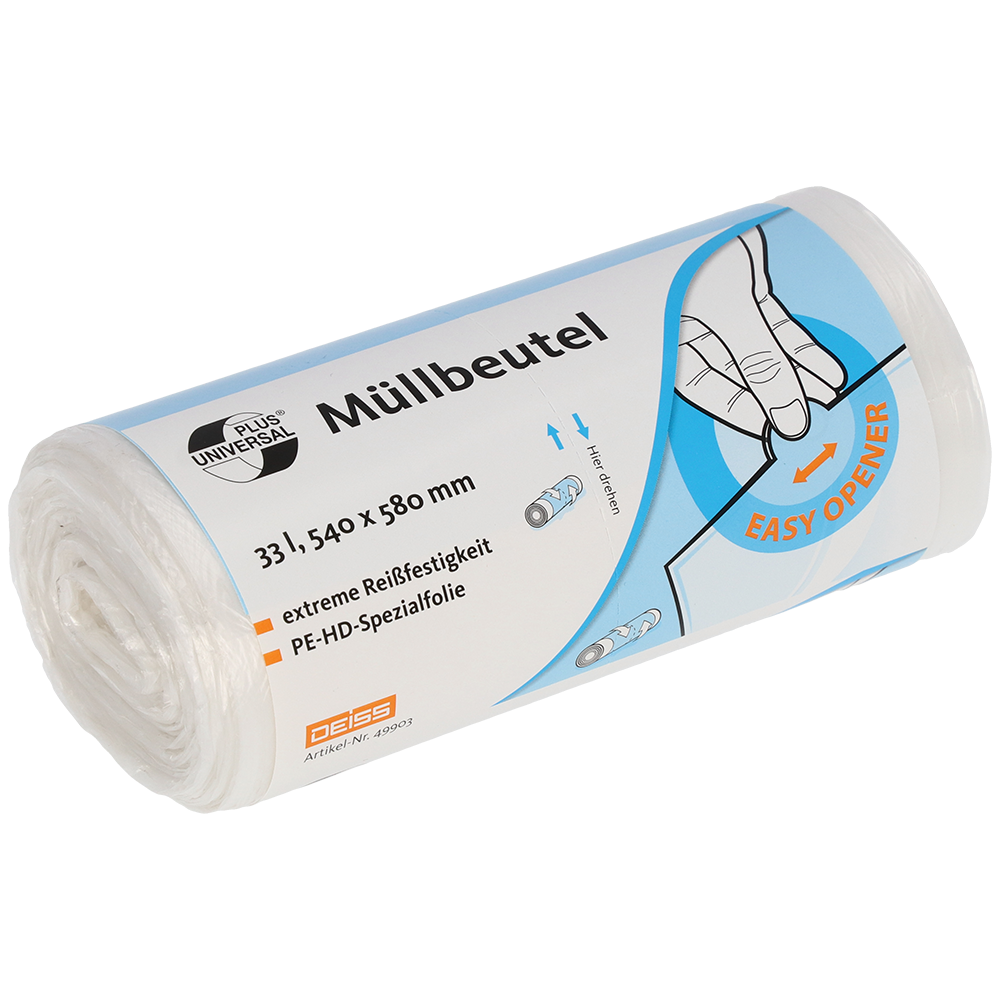 Eine transparente Rolle der EMIL DEISS KG (GmbH + Co.) DEISS 49903 Müllbeutel (540x580 mm, 100 Stück) mit blau-orangem Etikett zeigt eine Hand bei der Bedienung des Easy Openers; das Etikett verweist auf 33L Fassungsvermögen und hohe Reißfestigkeit für den praktischen Einsatz.