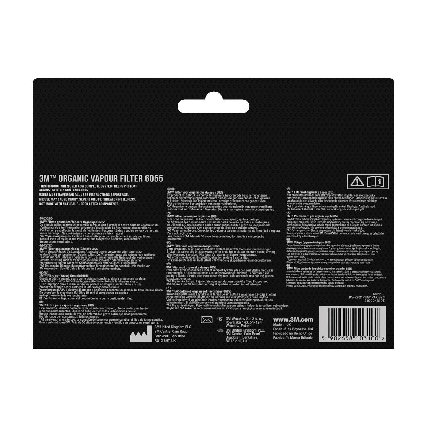 Rückansicht der 3M™ Filtersatz 6004-1SP (ABEK1P3 Kombinationsfilter) Packung von 3M Deutschland GmbH mit Details, Gebrauchs- und Sicherheitsinformationen in mehreren Sprachen - geeignet für Atemschutzanwendungen. Enthält 2x6059, 2x5935, 2x501.