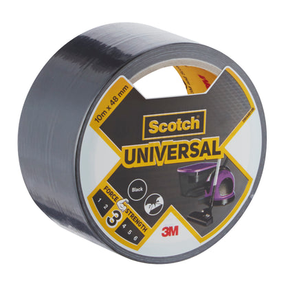 Eine Rolle 3M Deutschland GmbH Scotch® Universal Klebeband 2904, 10 m x 48 mm, mit einem Etikett, auf dem die Marke, der Produktname sowie Angaben zur Festigkeit und den vielseitigen Einsatzmöglichkeiten stehen.