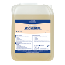 Ein 10 l Kanister aus transluzentem Kunststoff der DR.SCHNELL GmbH & Co. KGaA HORNIT Spenderseife Handwaschlotion mit blau-weißem Etikett und Tragegriff sorgt für eine sanfte Reinigung der Haut und einen dezenten Duft im täglichen Gebrauch.