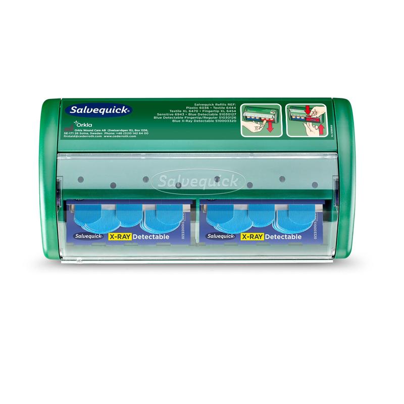 The Salvequick X-ray detectable plaster dispenser from Orkla Wound Care AB can be mounted on the wall, contains 2x30 blue, X-ray detectable plaster refills, features transparent panels to show the contents, and has instructions for use on the top.