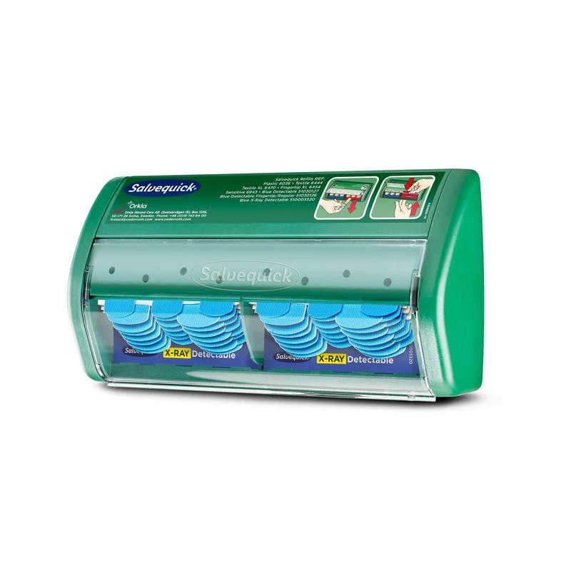 The Salvequick X-ray detectable plaster dispenser from Orkla Wound Care AB contains two rows of blue, X-ray detectable plaster refills (2x30) in a transparent dispenser with instructions and branding on the top.