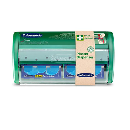 The Orkla Wound Care AB Salvequick X-ray detectable plaster dispenser (1 piece) is a green, transparent dispenser with a brown paper label, containing 2x30 blue, X-ray detectable plaster refills for first aid.