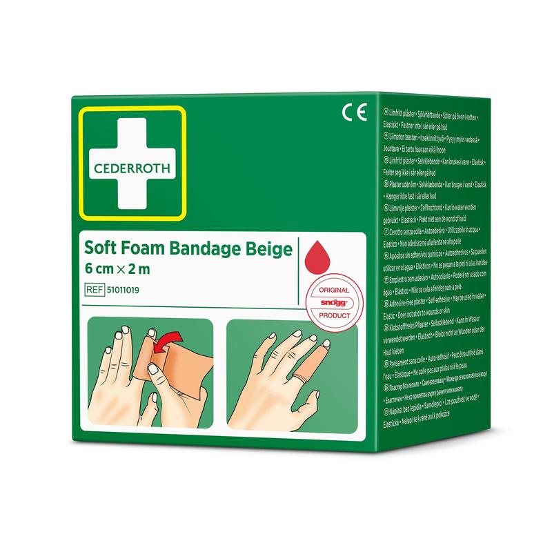 A green box with Cederroth soft foam bandage beige 6 cm x 2m (1 piece) from Orkla Wound Care AB, with application images, a white cross logo, product information, and multilingual text.
