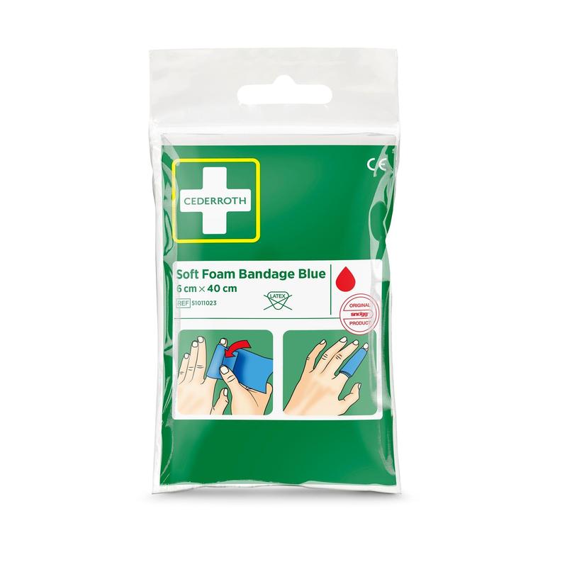 A green-white package Orkla Wound Care AB Cederroth soft foam bandage blue 6x40cm (1 piece) shows a pictorial guide for wrapping the blue bandage around a finger.