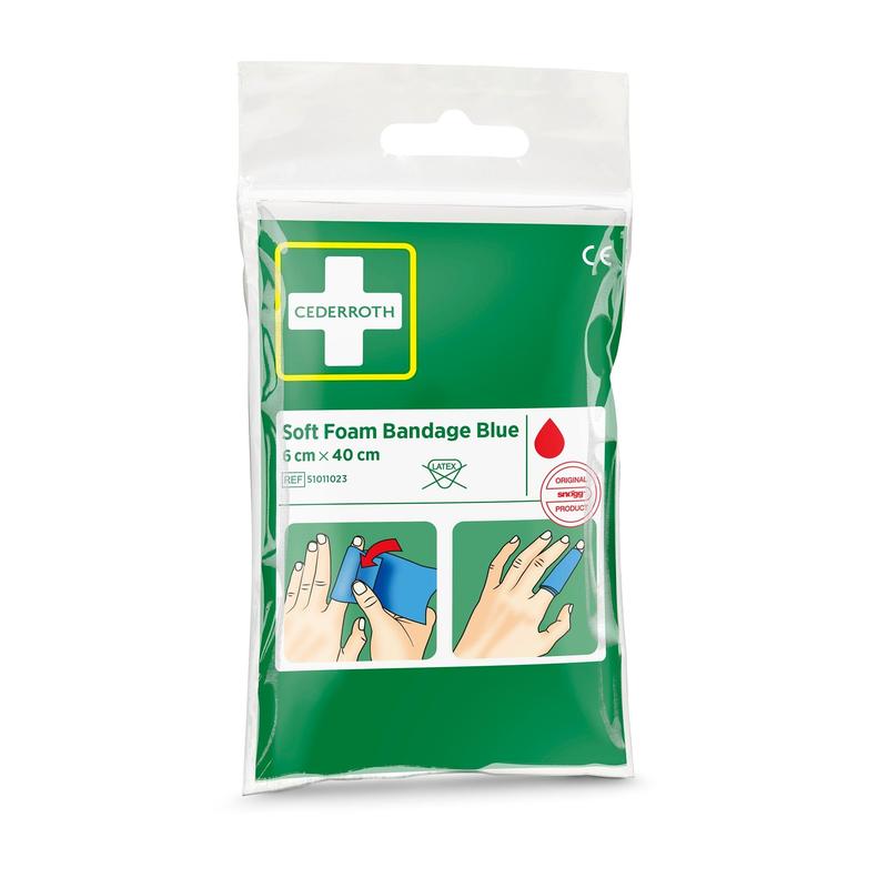 A sealed package Orkla Wound Care AB Cederroth soft foam bandage blue 6x40cm (1 piece) with application images and product information on the green-white front label.