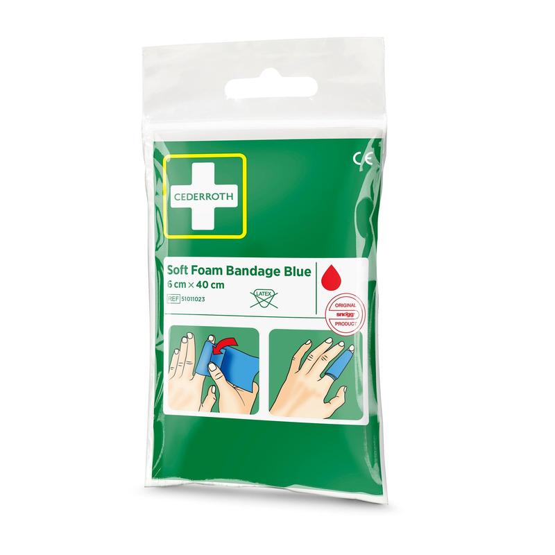 A sealed package Orkla Wound Care AB Cederroth soft foam bandage blue 6x40cm (1 piece) contains a pictorial guide for application with the finger. The packaging features green, white, yellow, and red accents.