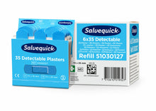 Ein blauer Karton mit der Aufschrift "Cederroth 6 Set Salvequick Detectable Pflaster (35 Stück) blau" von Orkla Wound Care AB steht neben einem Nachfüllkarton - ideal für die Wundversorgung mit dem auslaufenden Cederroth Detectable Pflaster.