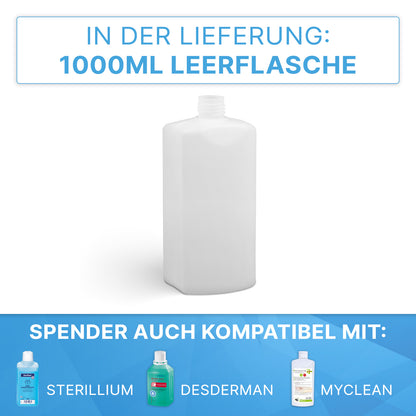 Abgebildet ist eine weiße, leere 1000-ml-Flasche aus ABS-Kunststoff von ARNOWA GmbH, passend für ARNOMED DISPENSER ABS Manueller Seifen- und Desinfektionsmittelspender; Symbole unten zeigen die Kompatibilität mit drei Spender-Modellen.