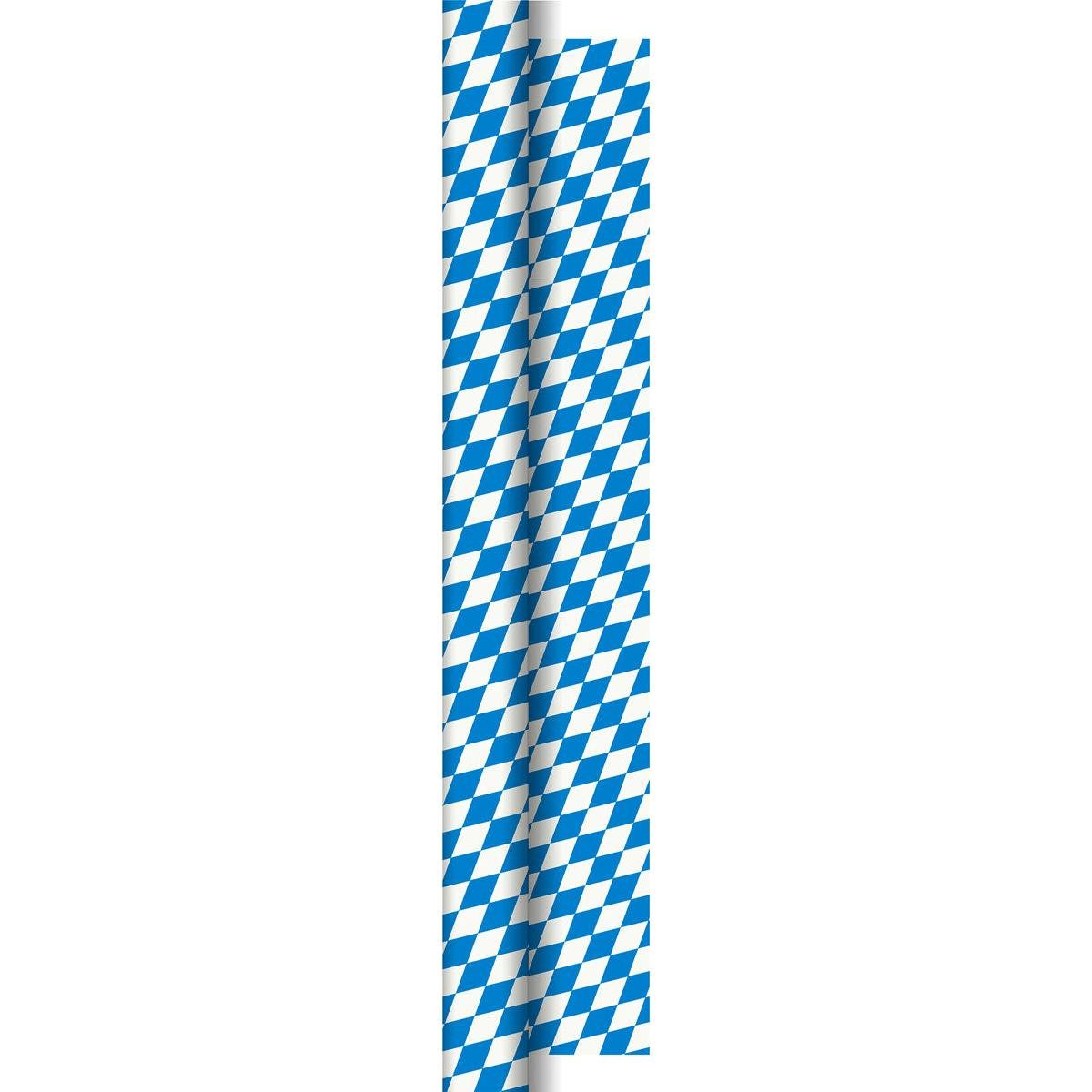 Eine Papier Tischdekorationsrolle 50x1,0m Bay. Raute der Duni GmbH mit klassisch bayerisch blau-weißem Rautenmuster auf weißem Hintergrund - ideal für kreative Projekte und Dekorationen zum Thema Oktoberfest.