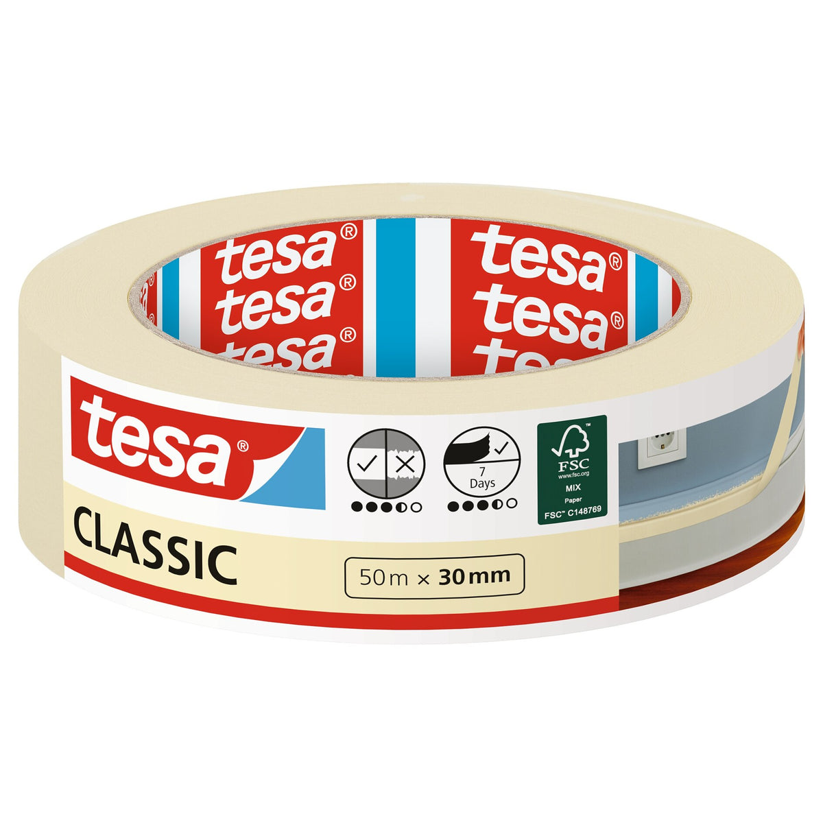 tesa 52805 Classic Painter's Tape, 50 m x 30 mm, brown