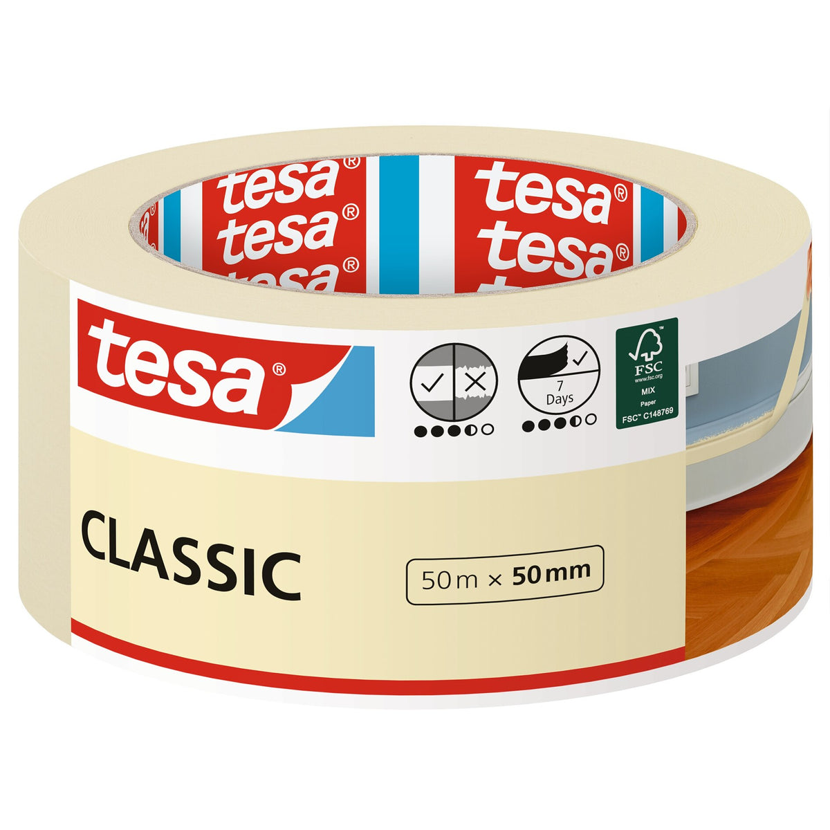 tesa 52807 Classic Painter's Tape, 50 m x 50 mm, brown