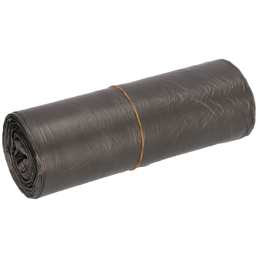 Eine Rolle EMIL DEISS KG (GmbH + Co.) DEISS 54095 graue Müllsäcke (500x580 mm, 50 Stück), gesichert mit einem braunen Gummiband, ist auf einem einfarbig weißen Hintergrund platziert.