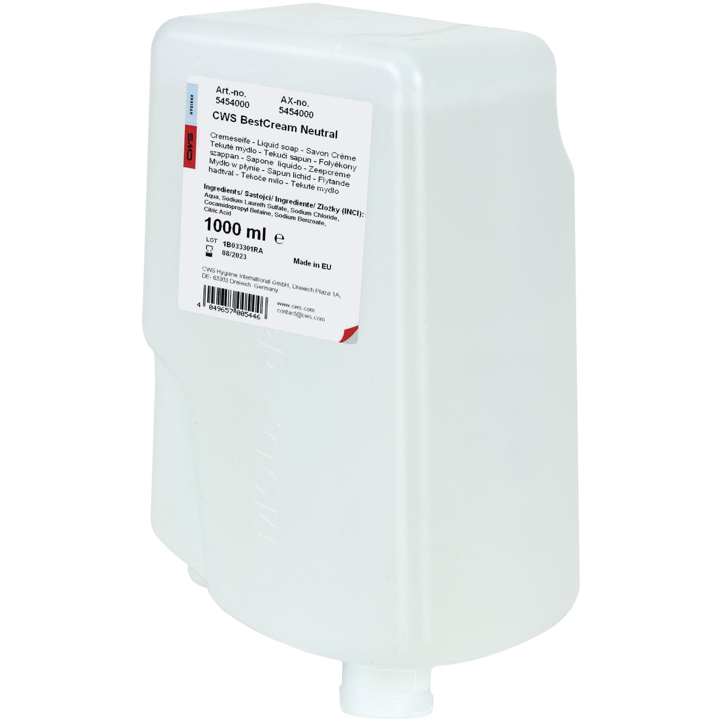 A white 1000-ml plastic container of CWS soap cream BestCream Neutral for sensitive skin, labeled with ingredients and details. The bottle has two spouts at the bottom and is depicted against a plain white background.