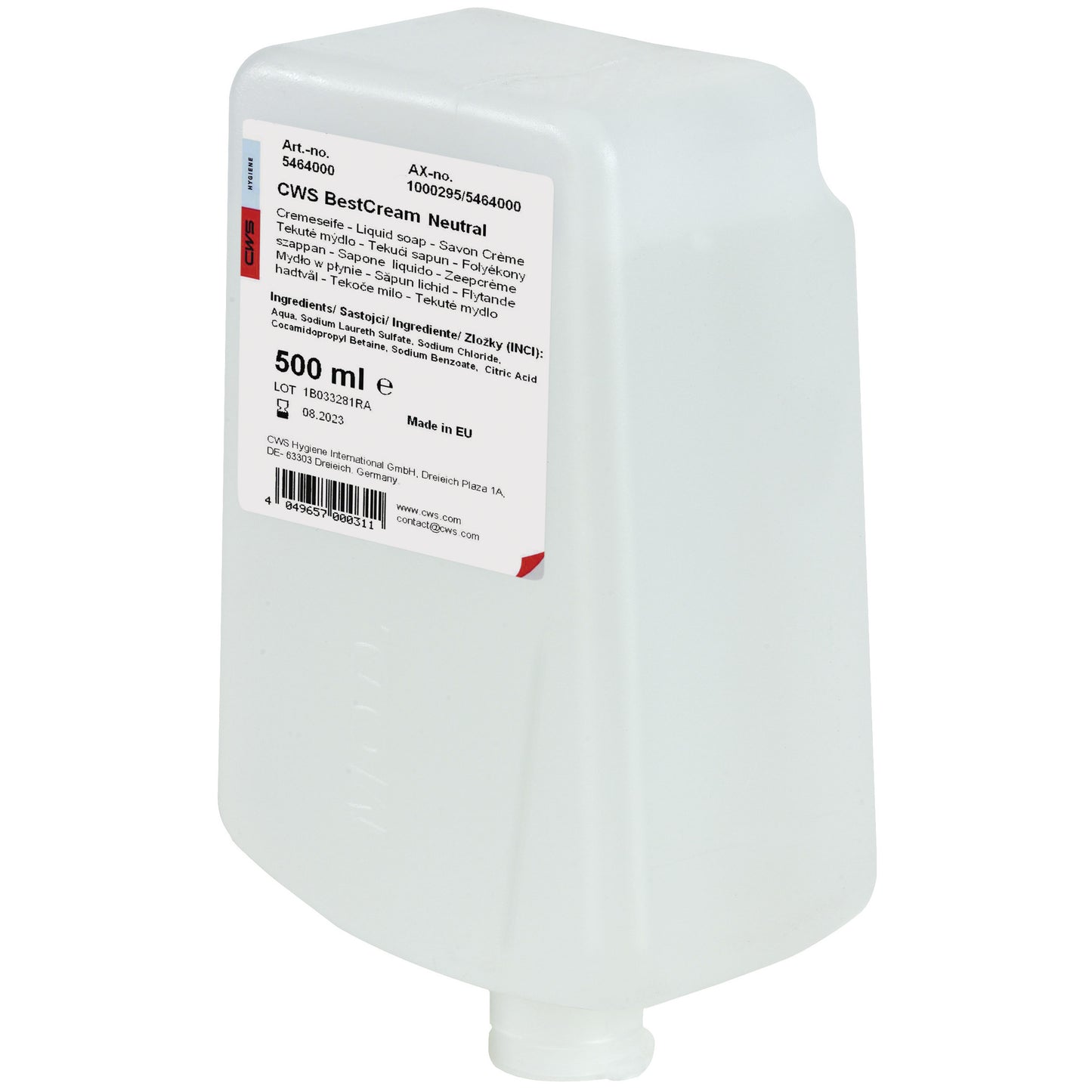 A white 500-ml plastic dispenser from CWS, labeled with product information for CWS soap cream BestCream Neutral. Designed for sensitive skin, the bottle features a bottom nozzle.