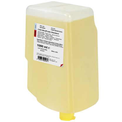 A rectangular 1000-ml plastic container with CWS BestFoam Standard soap foam from CWS, with a white cap, lower dispensing nozzle, and product and safety information - ideal for hand hygiene.
