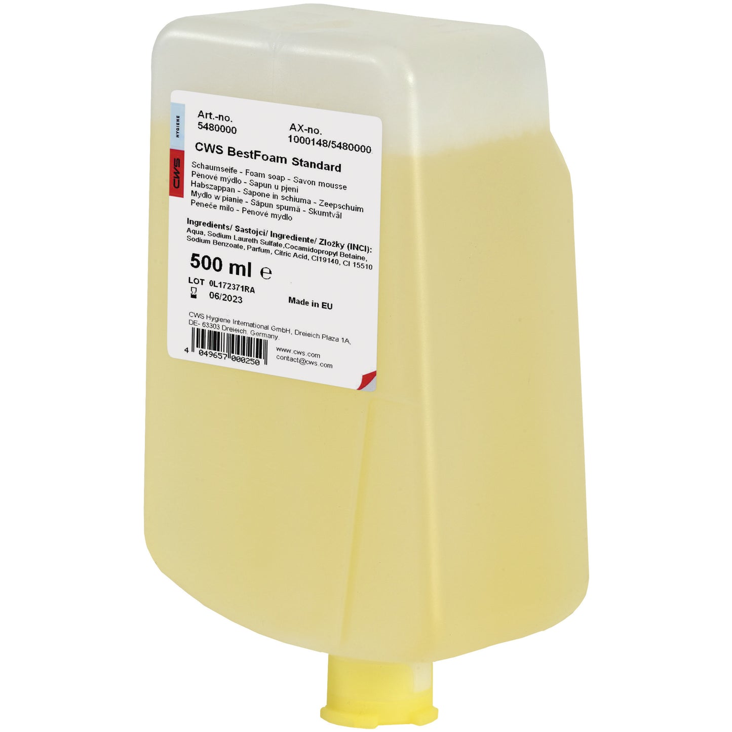 A 500-ml container made of transparent plastic with CWS BestFoam Standard soap foam with a white label, yellow liquid, and multilingual product information for optimal hand hygiene. Brand: CWS.