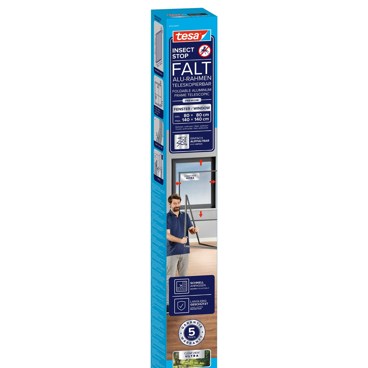 tesa INSECT STOP FALT Aluminum Telescopic Premium Frame for Windows, 80 x 140 cm, Anthracite