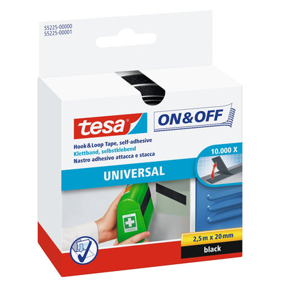 tesa On & Off Adhesive Hook-and-Loop Tape, black, 2.5 m x 20 mm