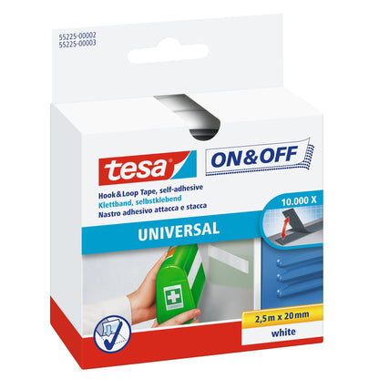 tesa On & Off Adhesive Hook-and-Loop Tape, white, 2.5 m x 20 mm