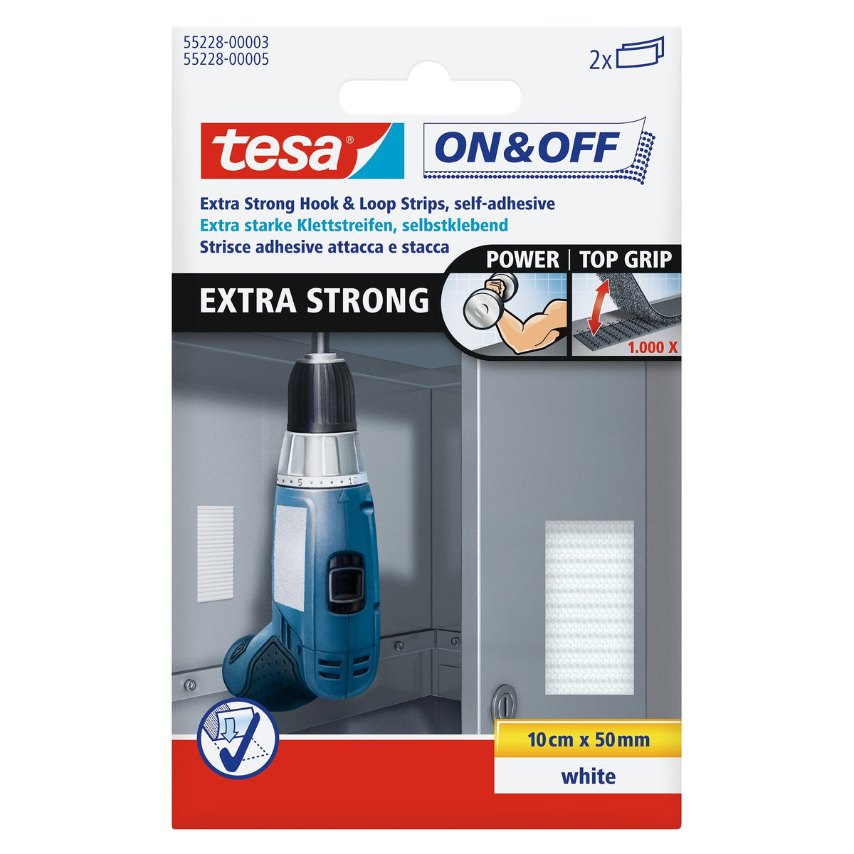 tesa On & Off Extra-Strong Hook-and-Loop Adhesive Pads, 0.05 m x 100 mm, white