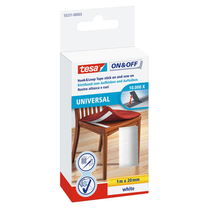 tesa On & Off Hook-and-Loop Tape for Adhesive Application and Sewing, 1 m x 20 mm, white