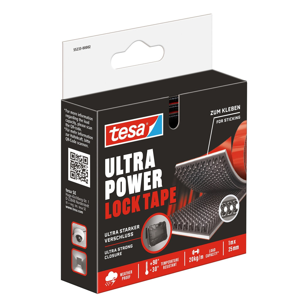 tesa Ultra Power Lock Hook-and-Loop Tape, 1 m x 25 mm, black
