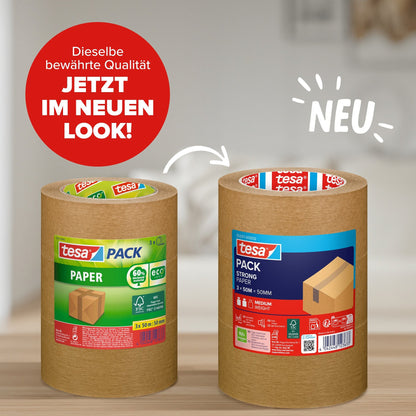 tesapack STRONG PAPER, 50 m x 50 mm, chamois, in a tower – Product Features